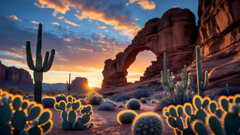 vecteezy exploring desert landscape with cacti and rock arch at sunset 67288950 2 768x434